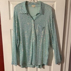POL Women's Sparkling Button Down Shirt - Aqua